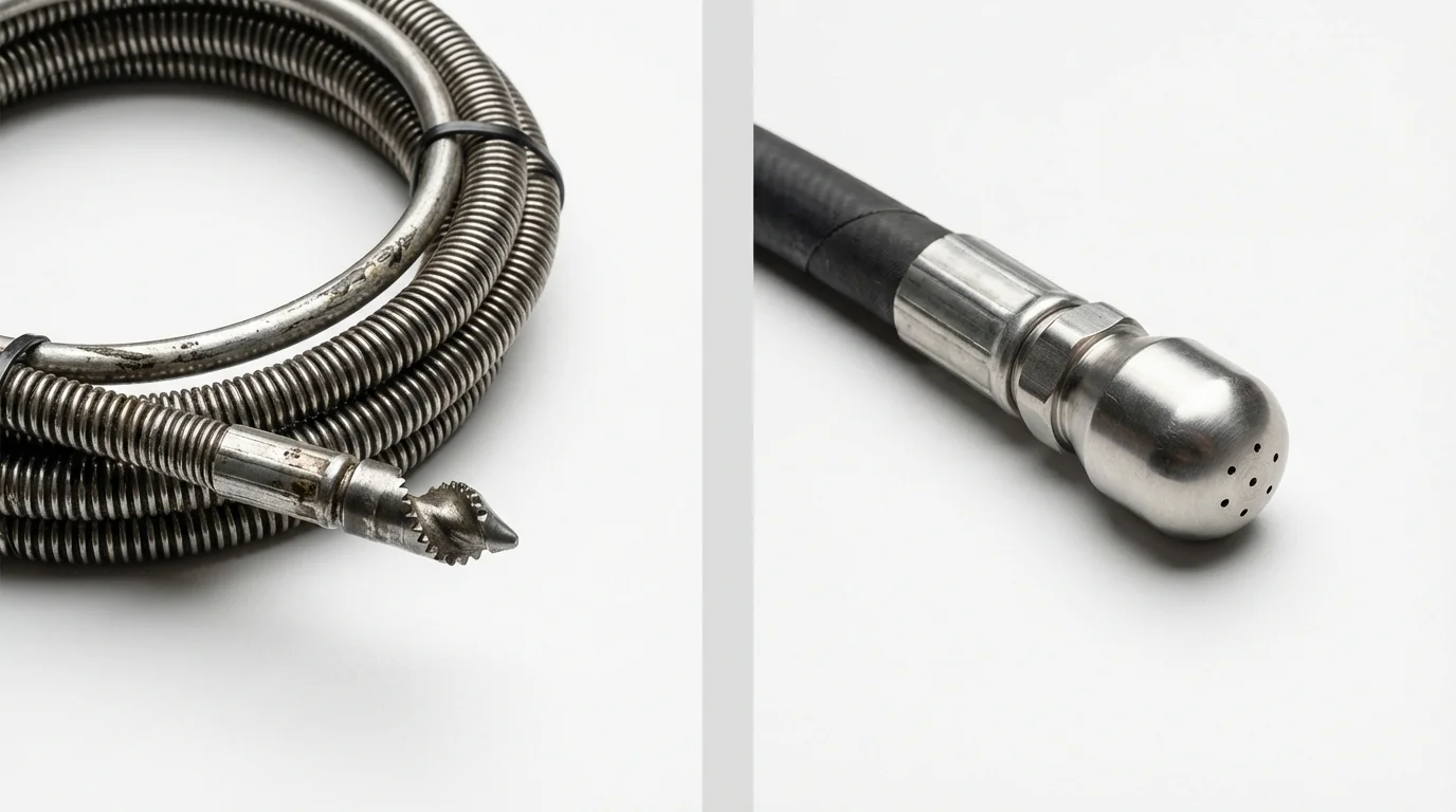 Drain snake cable and hydro jetting nozzle used for drain cleaning in Bismarck, MO