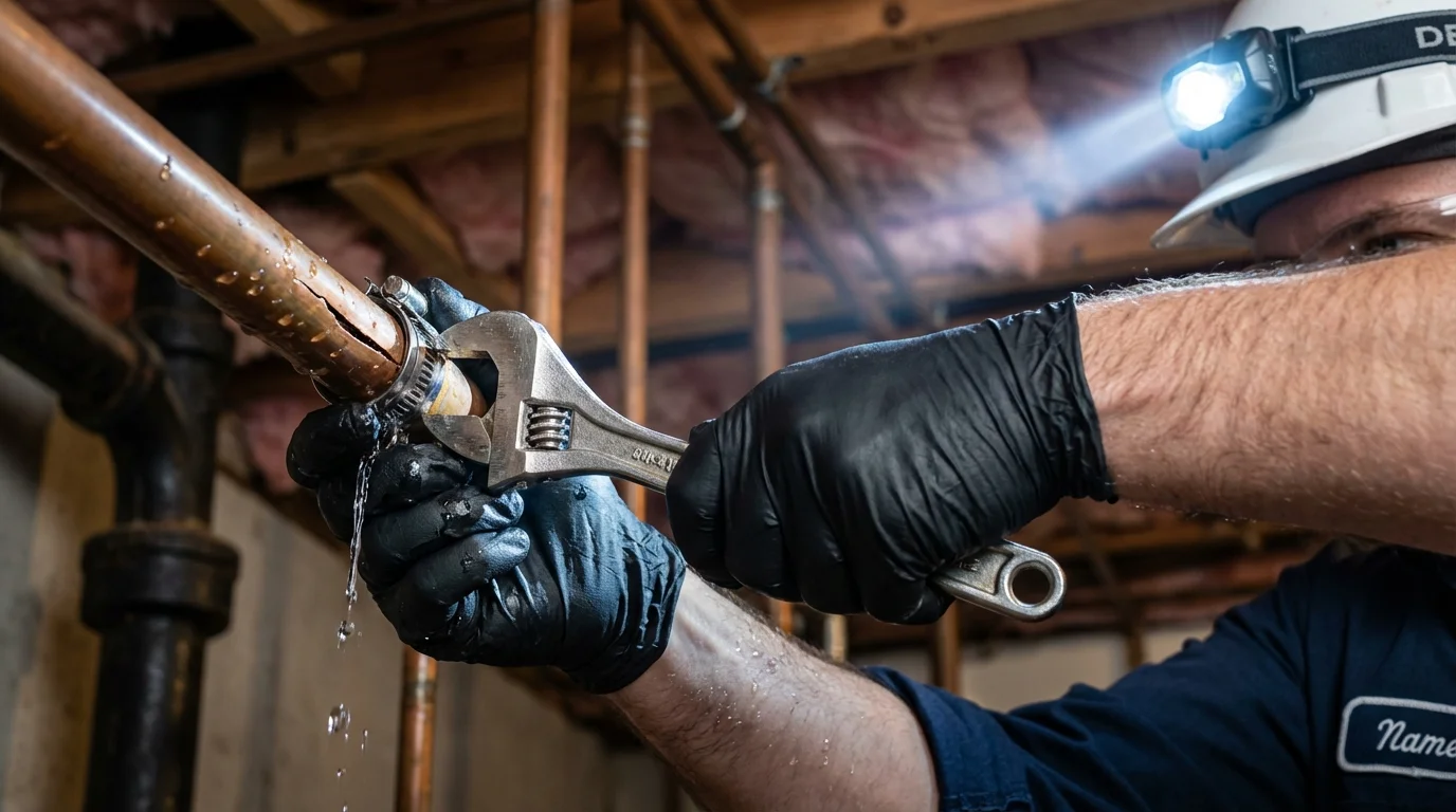 Emergency pipe clamp repair being performed by a Johns Plumbing LLC plumber in Bismarck