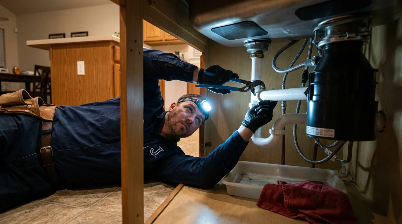 P-trap and supply line connections under a kitchen sink showing a common leak point in Bismarck, MO